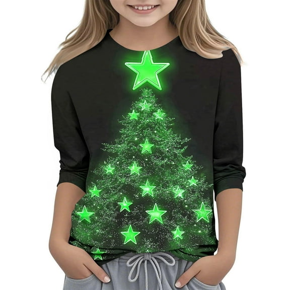 Atogsazn Kids Girls Christmas 3/4 Sleeve Shirt Children Christmas Tree Crew Neck Loose Fit Blouse Pullover Tops Clothing 09-Multicolor 7-8 Years Fashion