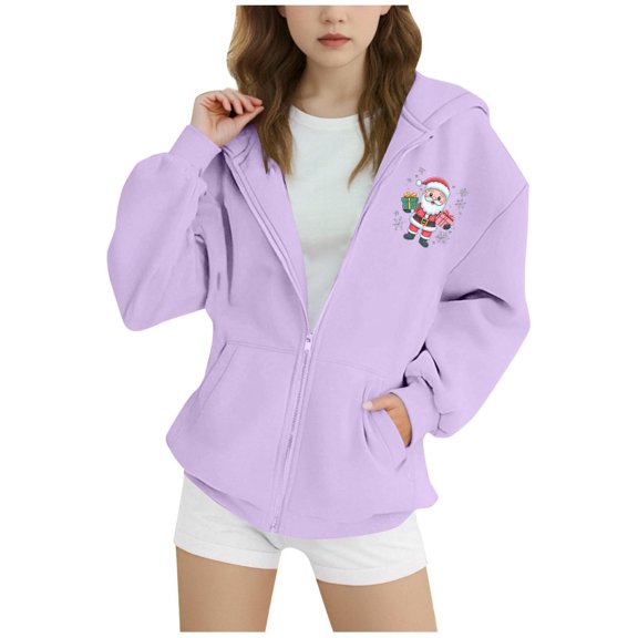 Atogsazn Kids Girls Christmas Full Zip Hoodies Childrens Oversized Long Sleeve Sweatshirt Fall Winter Tops Clothes 04-Purple 8-9 Years Fashion