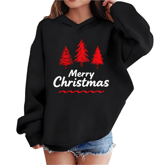 Atogsazn Kids Girls Christmas Hoodies Casual Oversized Fleece Long Sleeve Pullover Sweatshirt Fall Winter Tops Clothes 01-Black 5-6 Years Fashion
