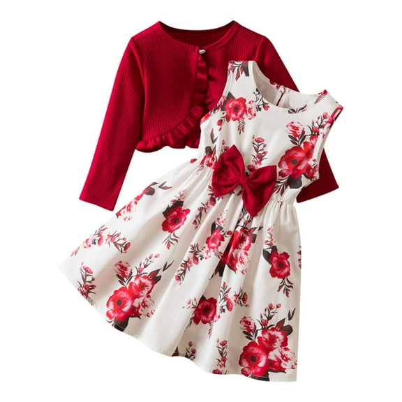Atogsazn Kids Girls Clothes Set Children Long Sleeve Shrug Tops Girls Ruffle Floral Dress Spring Fall Clothing 04-Red 6-7 Years Fashion