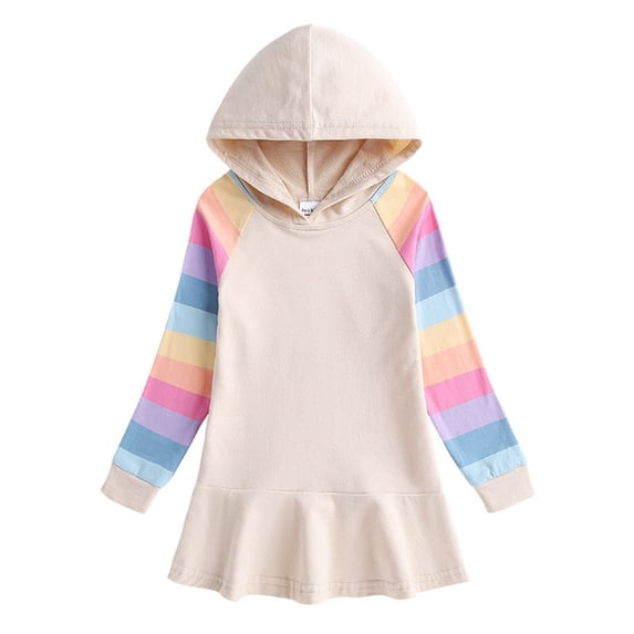 Atogsazn Kids Girls Cotton Clothes Dress Children Baggy Long Sleeve Hooded Dresses Fashion Loose Clothes B-Beige 3-4 Years