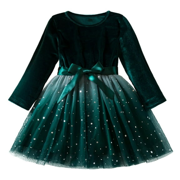 Atogsazn Kids Girls Dress Children Ruffle Long Sleeve Birthsday Dresses Fall Winter Princess Clothes Green 2-3 Years