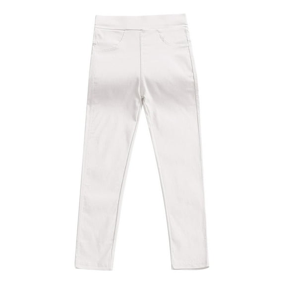 Atogsazn Kids Girls Elastic Waistband Solid Color Skinny Long Pants with Pockets Casual Outdoor Leggings White 3-4 Years