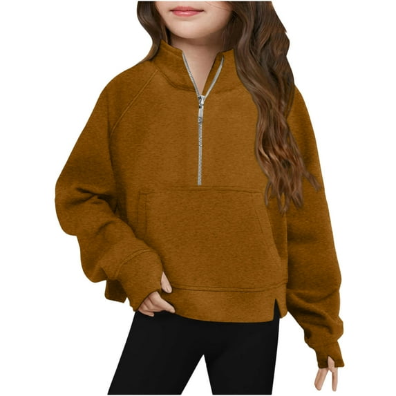 Atogsazn Kids Girls Fall Winter Sweatshirt Children Half Zip Sweatshirts Pullover Long Sleeve Tops Clothing 01-Brown 13-14 Years Fashion