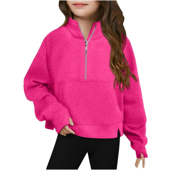 Atogsazn Kids Girls Fall Winter Sweatshirt Children Half Zip Sweatshirts Pullover Long Sleeve Tops Clothing 01-Hot Pink 13-14 Years Fashion