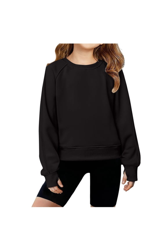 Kids Girls Fleece Cropped Sweatshirt Crewneck Pullover Long Sleeve Sweater for Teen Fall Clothing Black 10-11Years Fashion