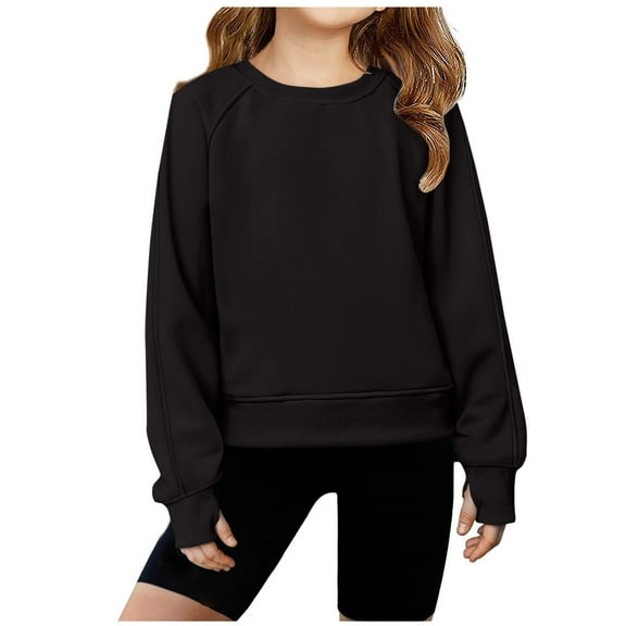 Atogsazn Kids Girls Fleece Cropped Sweatshirt Crewneck Pullover Long Sleeve Sweater for Teen Fall Clothing Black 6-7Years Fashion