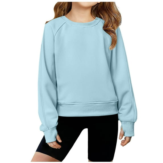 Atogsazn Kids Girls Fleece Cropped Sweatshirt Crewneck Pullover Long Sleeve Sweater for Teen Fall Clothing Blue 8-9Years Fashion