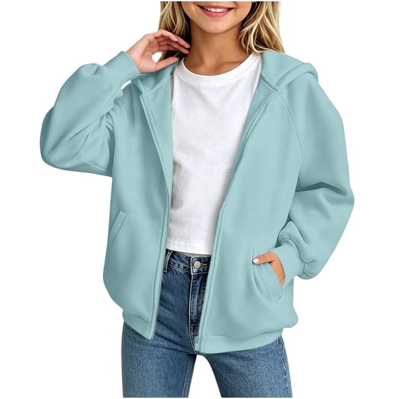 Atogsazn Kids Girls Fleece Hoodies Childrens Casual Full Zip Long Sleeve Hooded Sweatshirt Fall Winter Clothes Tops Light Blue 9-10 Years Fashion