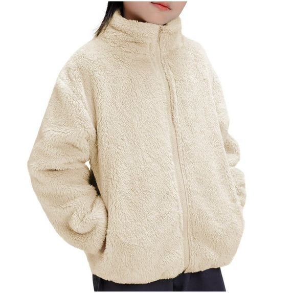 Atogsazn Kids Girls Fleece Jacket Zip Up Long Sleeve Jackets Fuzzy Fall Winter Outerwear Clothing Tops 03-Beige 6-7Years Fashion