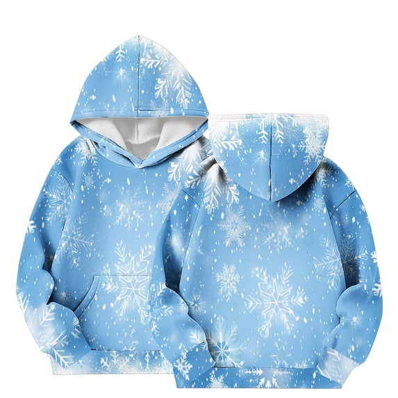 Atogsazn Kids Girls Fleece Lined Hoodie Children Christmas Snowflake Print Hooded Sweatshirt Fall Winter Tops Light Blue 5-6 Years Fashion