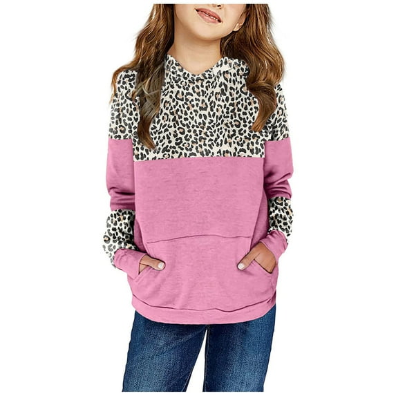 Atogsazn Kids Girls Fleece Pullover Hoodies Cute Leopard Printed Hooded Sweatshirts Fall Winter Clothes with Pockets Hot Pink 4-5 Years