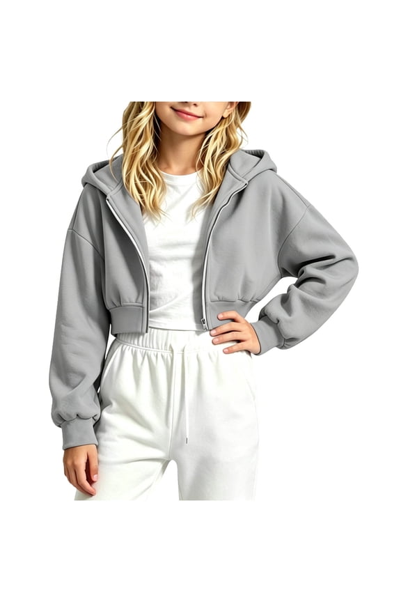 Kids Girls Full Zip Cropped Hoodies Casual Long Sleeve Hooded Sweatshirt Fleece Jogger Jacket Fall Tops Gray 13-14 Years Fashion