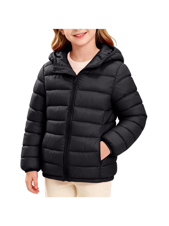 Kids Girls Full Zip Puffer Jacket Childrens Casual Windproof Long Sleeve Coat Thick Winter Warm Tops Black 7-8 Years Fashion