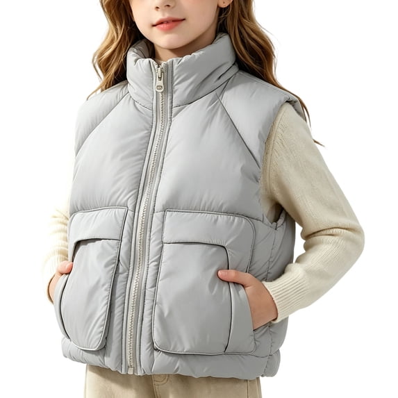 Atogsazn Kids Girls Full Zip Puffer Vest Childrens Casual Windproof Sleeveless Tank Tops Winter Warm Tops Gray 7-8 Years Fashion