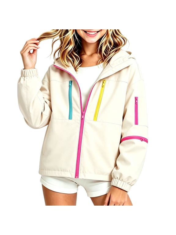 Kids Girls Full Zip Raincoat Children Casual Windproof Long Sleeve Rain Jacket Lightweight Tops Clothes White 12-13 Years Fashion