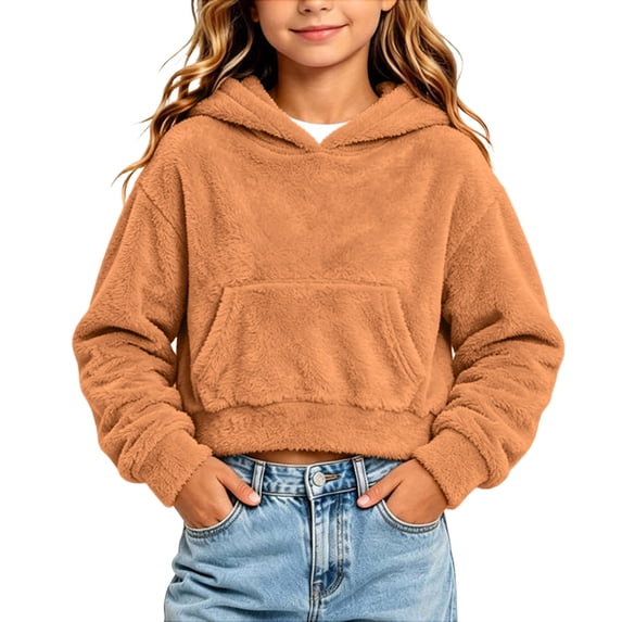 Atogsazn Kids Girls Fuzzy Fleece Cropped Hoodies Childrens Plush Long Sleeve Pullover Tops Winter Warm Clothes Khaki 6-7 Years Fashion