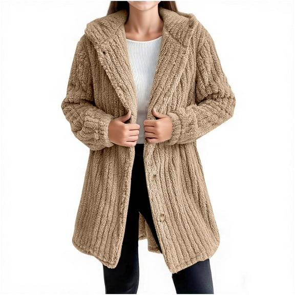 Atogsazn Kids Girls Fuzzy Knitted Jacket Children Loose Button Down Long Sleeve Hooded Coat Winter Warm Tops Clothes Khaki 14-15 Years Fashion