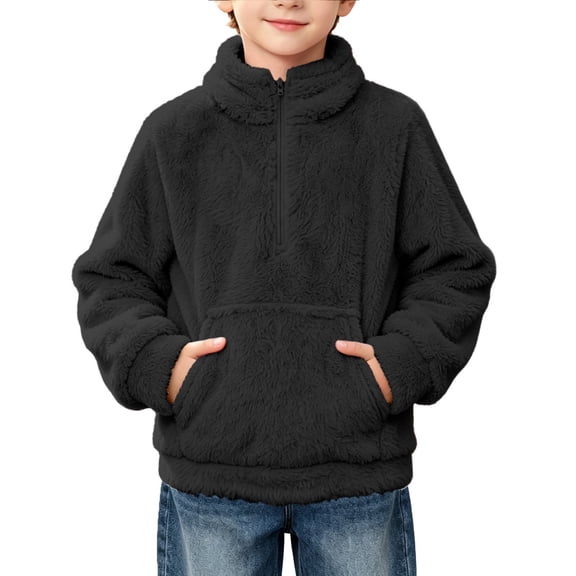 Atogsazn Kids Girls Half Zip Fuzzy Sweatshirt Childrens Fuzzy Sherpa Long Sleeve Pullover Fall Winter Tops Outerwear Black 13-14 Years Fashion