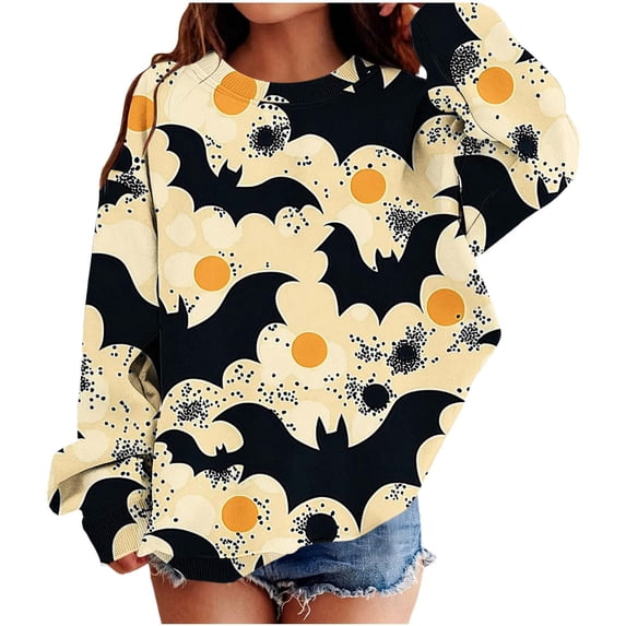 Atogsazn Kids Girls Halloween Oversized Sweatshirt Children Crew Neck Long Sleeve Pullover Sweaters Fall Winter Tops Beige 5-6 Years Fashion