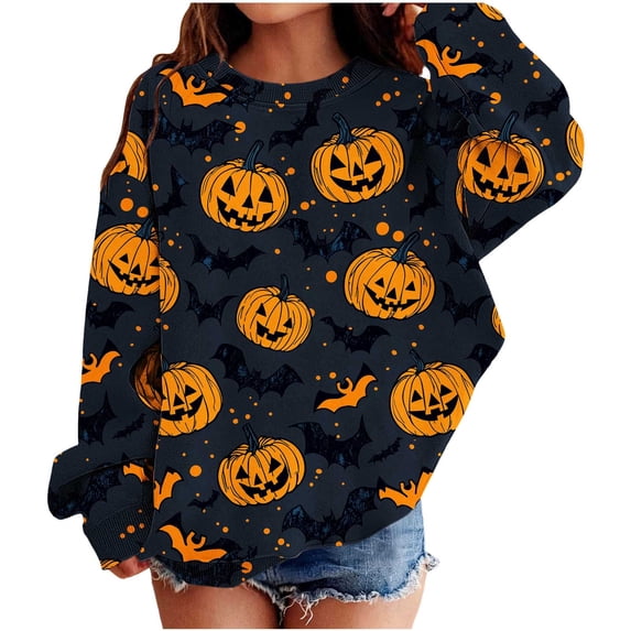 Atogsazn Kids Girls Halloween Oversized Sweatshirt Children Crew Neck Long Sleeve Pullover Sweaters Fall Winter Tops Black 8-9 Years Fashion
