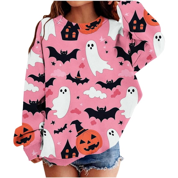 Atogsazn Kids Girls Halloween Oversized Sweatshirt Children Crew Neck Long Sleeve Pullover Sweaters Fall Winter Tops Pink 6-7 Years Fashion