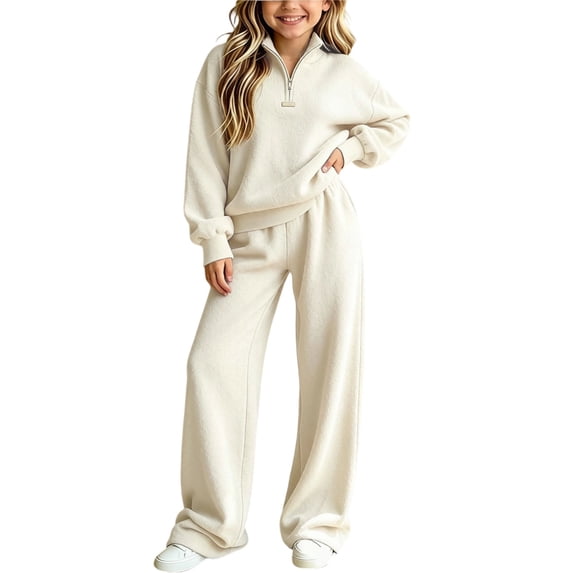 Atogsazn Kids Girls Knitted 2 Piece Clothes Set 1/4 Zip Long Sleeve Sweater & Wide Leg Pants Outfit Outerwear White 9-10 Years Fashion