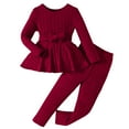 thumbnail image 1 of Atogsazn Kids Girls Knitted Set Children Long Sleeve Dress Belt and Pant 3 Piece Outfit Fashion Clothes Wine 5-6 Years, 1 of 9
