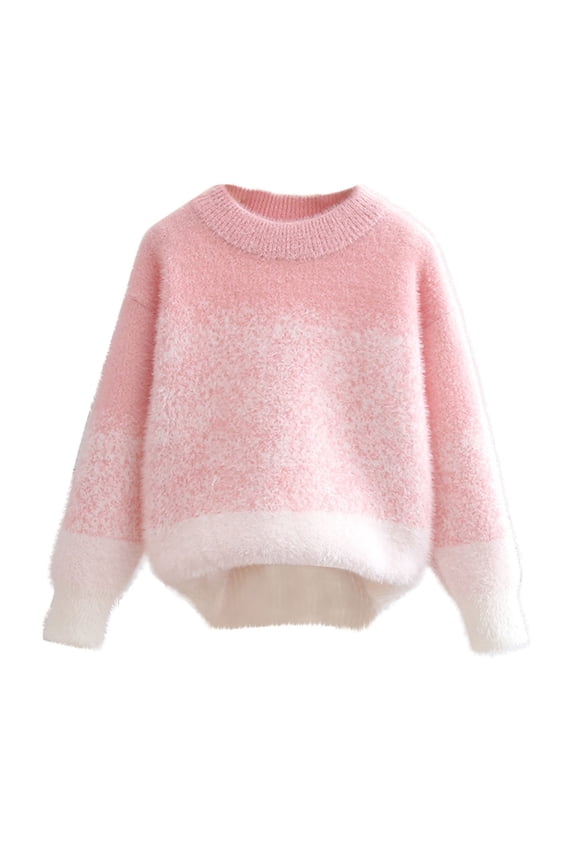Kids Girls Knitted Sweater Children Crewneck Long Sleeve Sweaters Winter Warm Clothes Fashion A-Pink 5-6 Years