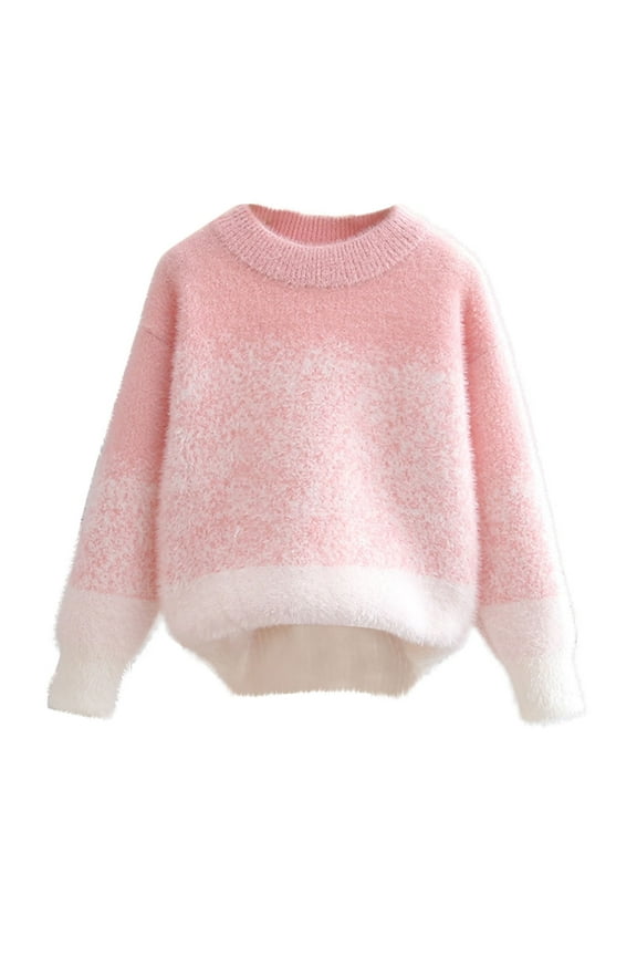 Kids Girls Knitted Sweater Children Crewneck Long Sleeve Sweaters Winter Warm Clothes Fashion A-Pink 7-8 Years