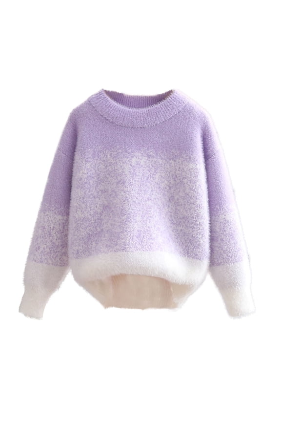 Kids Girls Knitted Sweater Children Crewneck Long Sleeve Sweaters Winter Warm Clothes Fashion A-Purple 6-7 Years