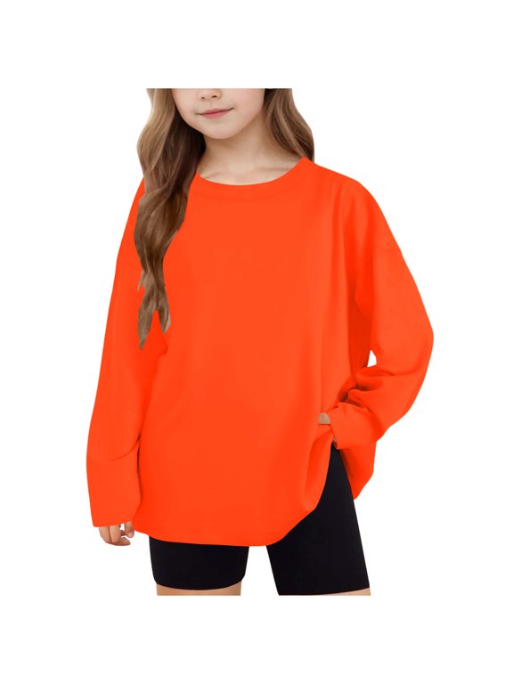 Kids Girls Long Sleeve Sweatshirt Casual Oversized Pullover T-shirt Summer Loose Fit Tops Clothing 03-Orange 12-13 Years Fashion