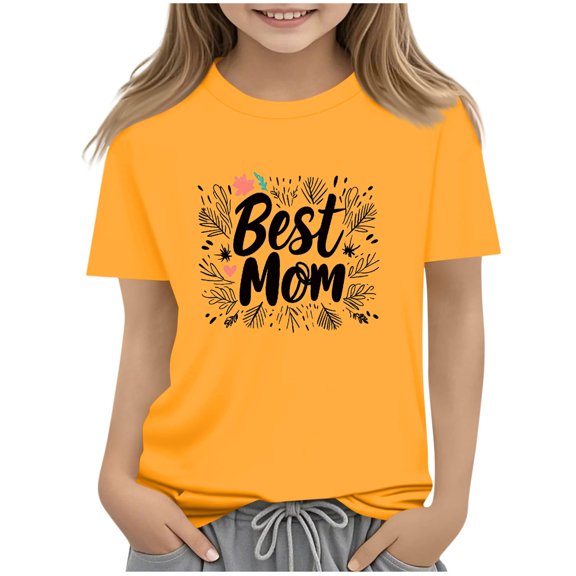 Atogsazn Kids Girls Mom's Day T-shirt Children Casual Crewneck Short Sleeve Tshirt Summer Clothes Basic Top for Boys 05-Yellow 9-10 Years