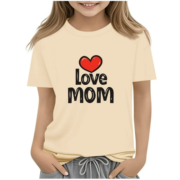 Atogsazn Kids Girls Mom's Day T-shirt Children Casual Crewneck Short Sleeve Tshirt Summer Clothes Basic Top for Boys 03-Khaki 2-3 Years