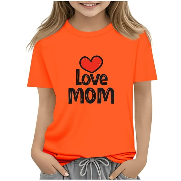 Atogsazn Kids Girls Mom's Day T-shirt Children Casual Crewneck Short Sleeve Tshirt Summer Clothes Basic Top for Boys 03-Orange 3-4 Years