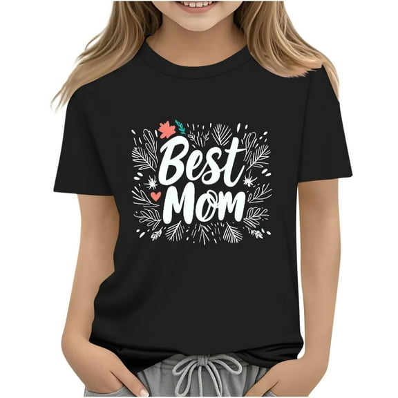Atogsazn Kids Girls Mom's Day T-shirt Children Casual Crewneck Short Sleeve Tshirt Summer Clothes Basic Top for Boys 05-Black 2-3 Years