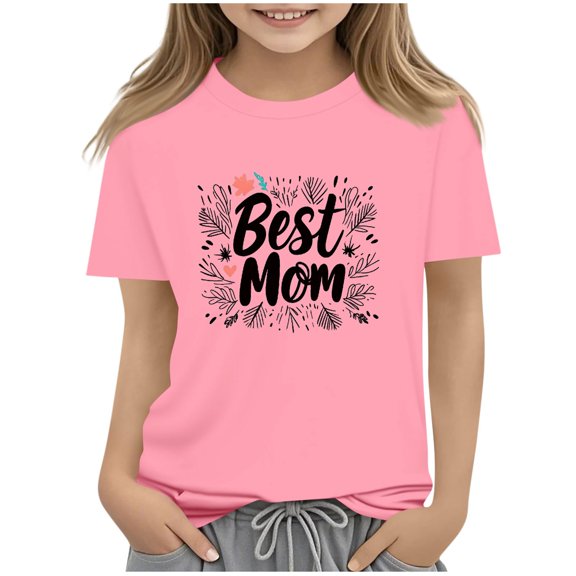 Atogsazn Kids Girls Mom's Day T-shirt Children Casual Crewneck Short Sleeve Tshirt Summer Clothes Basic Top for Boys 05-Pink 3-4 Years