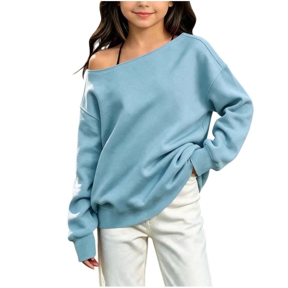 Atogsazn Kids Girls Off Shoulder Sweatshirt Childrens Casual Loose Long Sleeve Pullover Tops Fall Winter Sweater Blue 12-13 Years Fashion