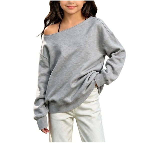 Atogsazn Kids Girls Off Shoulder Sweatshirt Childrens Casual Loose Long Sleeve Pullover Tops Fall Winter Sweater Gray 7-8 Years Fashion