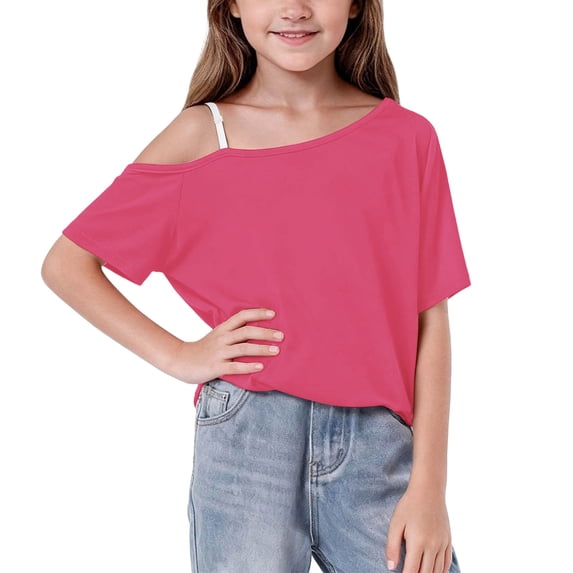 Atogsazn Kids Girls One Shoulder T-shirt Children Casual Short Sleeve Pullover Tshirt Flowy Basic Tops Hot Pink 5-6 Years Fashion
