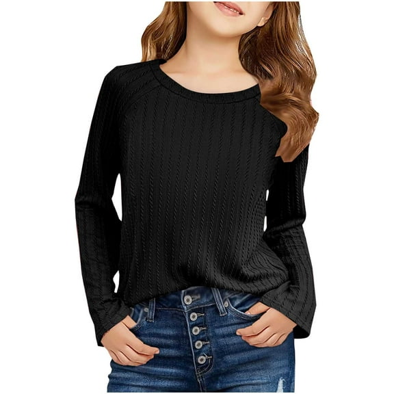Atogsazn Kids Girls Raglan Long Sleeve Shirt Children Casual Crewneck Textured Knit Tops Spring Fall Clothes Blouse Black 6-7 Years Fashion