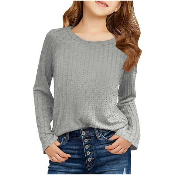 Atogsazn Kids Girls Raglan Long Sleeve Shirt Children Casual Crewneck Textured Knit Tops Spring Fall Clothes Blouse Gray 6-7 Years Fashion