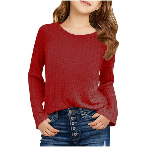 Atogsazn Kids Girls Raglan Long Sleeve Shirt Children Casual Crewneck Textured Knit Tops Spring Fall Clothes Blouse Red 4-5 Years Fashion