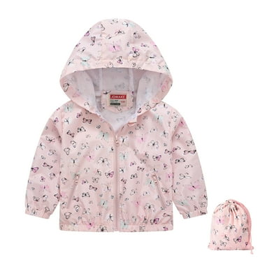 Atogsazn Kids Girls Rain Jacket Cute Print Zip Long Sleeve Hooded Jacket Windbreaker Fashion Clothes Outerwear Pink 5-6 Years on Clearance