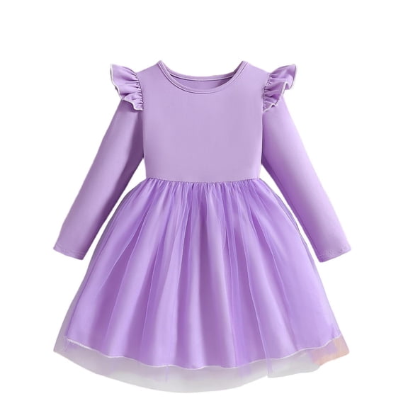 Atogsazn Kids Girls Ruffle Sleeve Dress Casual Ribbed Long Sleeve Tulle Dresses for Children Summer Princess Clothes 08-Purple 4-5 Years Fashion
