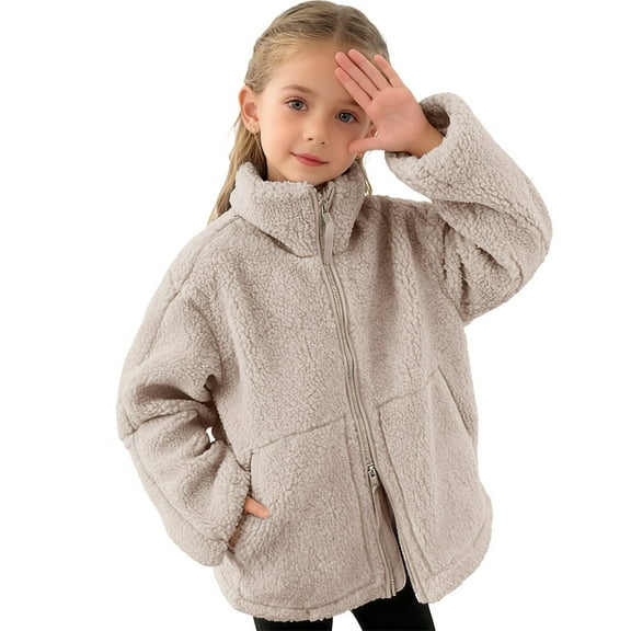 Atogsazn Kids Girls Sherpa Jacket Children Two Side Zip Fleece Long Sleeve Coat Thick Warm Tops Clothing 01-Beige 5-6 Years Fashion