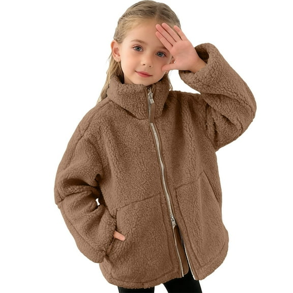 Atogsazn Kids Girls Sherpa Jacket Children Two Side Zip Fleece Long Sleeve Coat Thick Warm Tops Clothing 01-Coffee 7-8 Years Fashion
