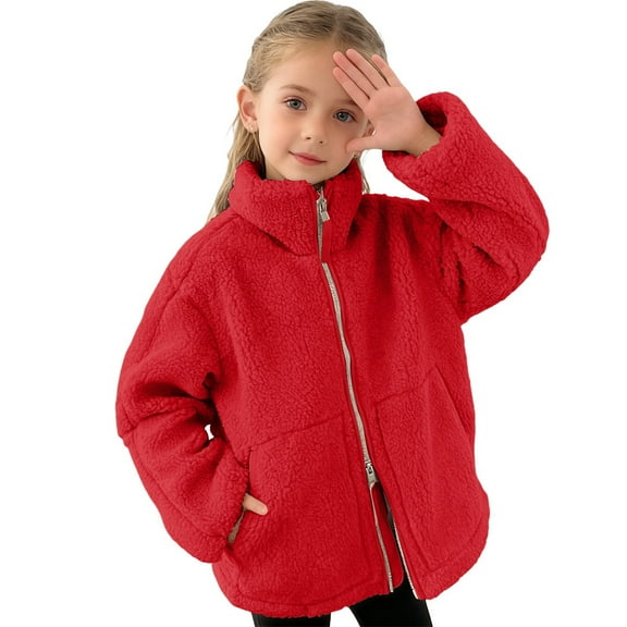 Atogsazn Kids Girls Sherpa Jacket Children Two Side Zip Fleece Long Sleeve Coat Thick Warm Tops Clothing 01-Red 5-6 Years Fashion