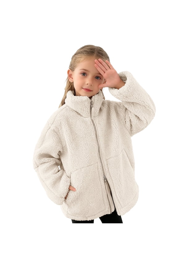 Kids Girls Sherpa Jacket Children Two Side Zip Fleece Long Sleeve Coat Thick Warm Tops Clothing 01-White 9-10 Years Fashion