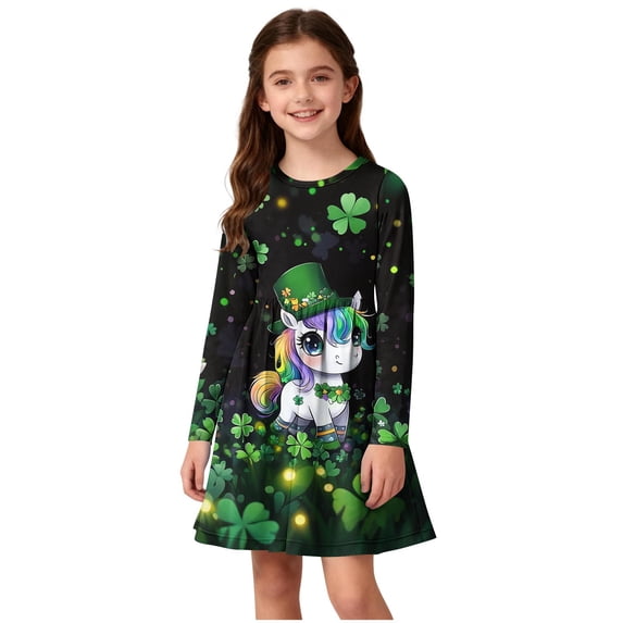 Atogsazn Kids Girls St. Patrick's Day Dress Childrens Casual Long Sleeve Ruffle Dresses A Lined Dress Outfit Black 9-10 Years Fashion